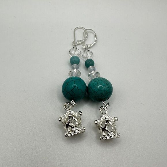 SALE! 3" dangle earrings in silver tone metal with glass, stone, ceramic beads! - Picture 2 of 10